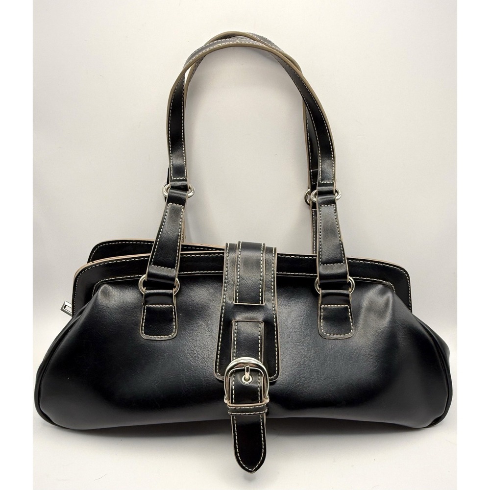 Vintage Y2K Black Vegan Leather Bucket Shoulder Bag Purse Goth Grunge 2 Straps